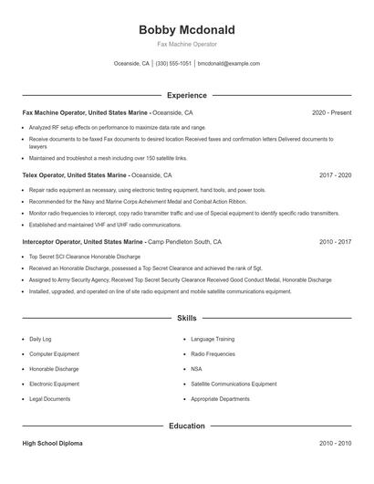 Fax Machine Operator Resume