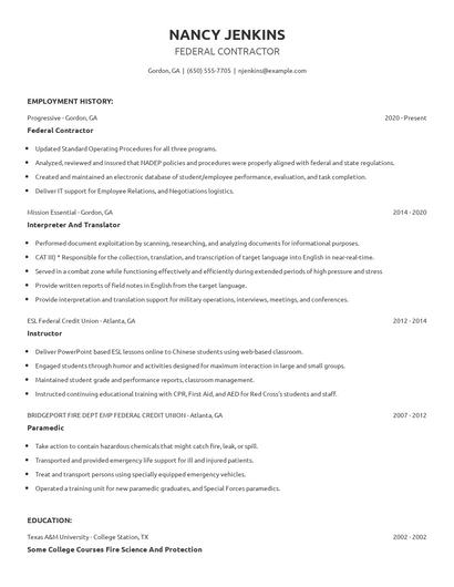 Federal Contractor Resume