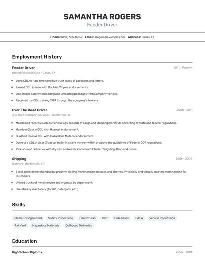 Feeder Driver Resume