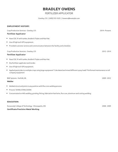 Fertilizer Applicator Resume