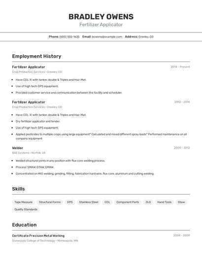 Fertilizer Applicator Resume