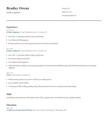 Fertilizer Applicator Resume