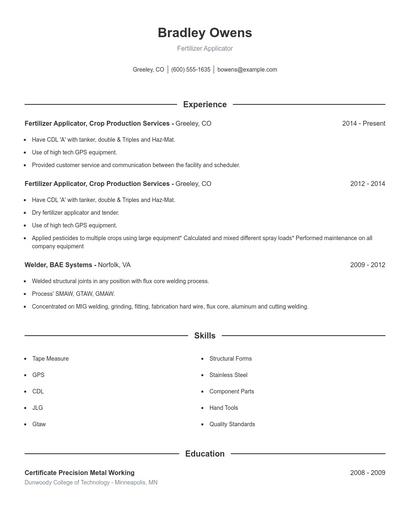 Fertilizer Applicator Resume