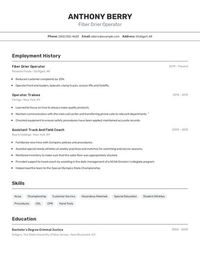 Fiber Drier Operator Resume