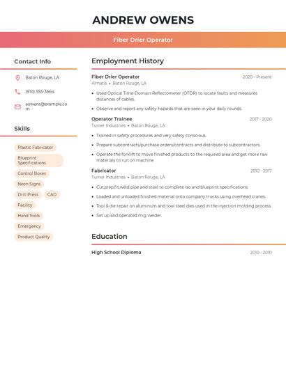 Fiber Drier Operator Resume