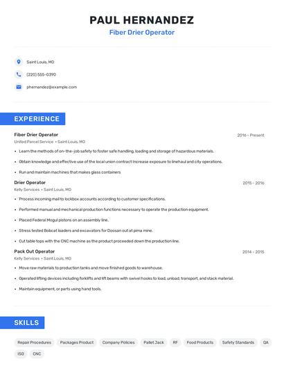 Fiber Drier Operator Resume