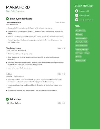 Fiber Drier Operator Resume