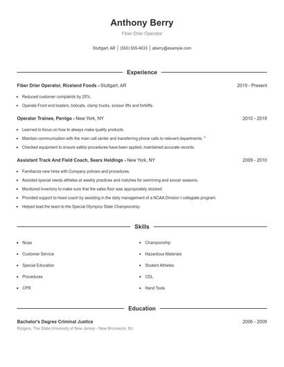 Fiber Drier Operator Resume