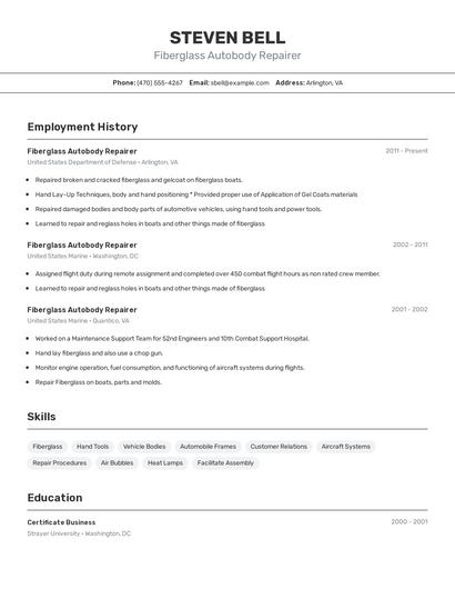 Fiberglass Autobody Repairer Resume