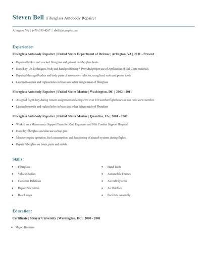 Fiberglass Autobody Repairer Resume