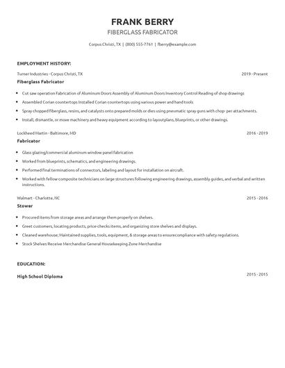 Fiberglass Fabricator Resume