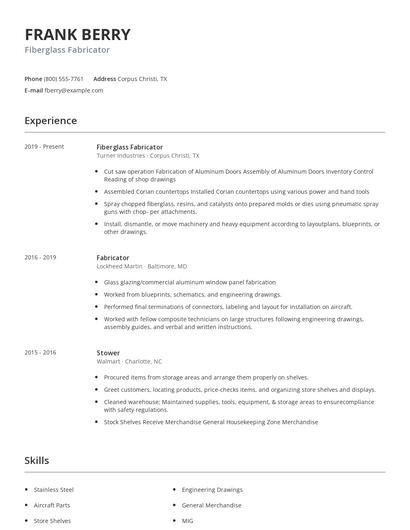 Fiberglass Fabricator Resume