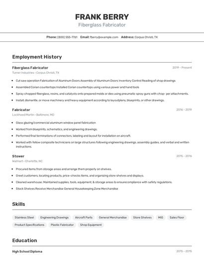 Fiberglass Fabricator Resume