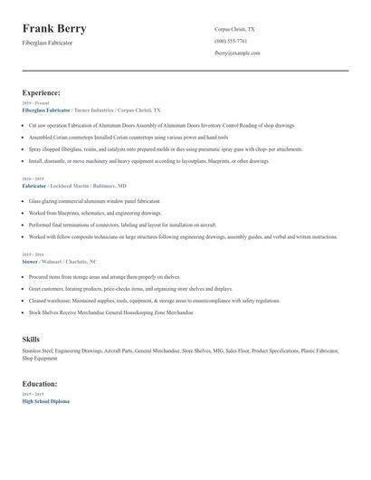 Fiberglass Fabricator Resume