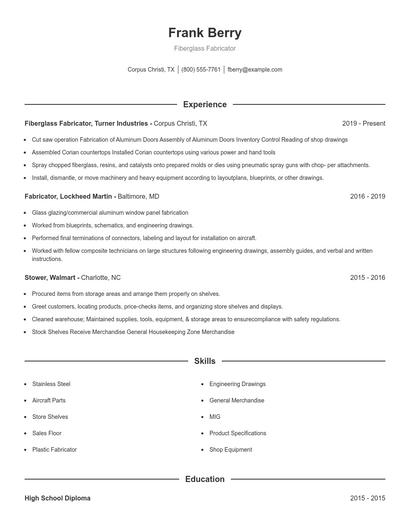 Fiberglass Fabricator Resume