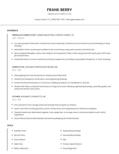 Fiberglass Fabricator Resume