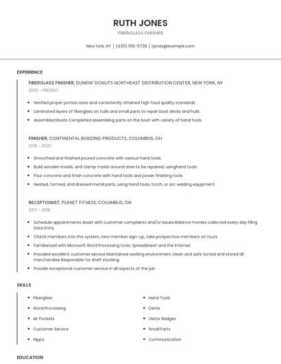 Fiberglass Finisher Resume
