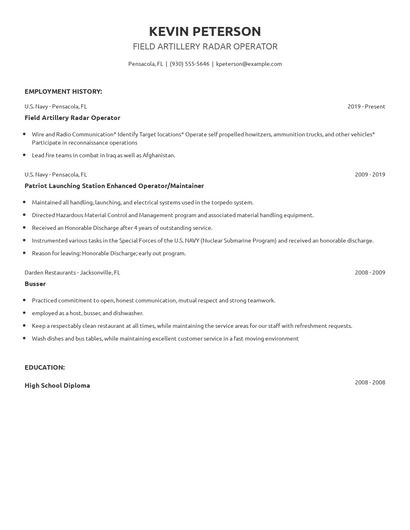 Field Artillery Radar Operator Resume