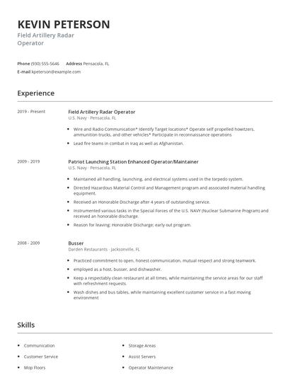 Field Artillery Radar Operator Resume