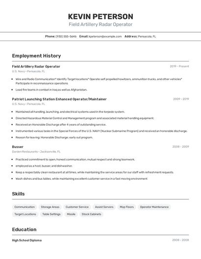 Field Artillery Radar Operator Resume