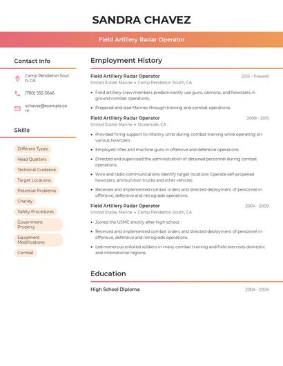 Field Artillery Radar Operator Resume