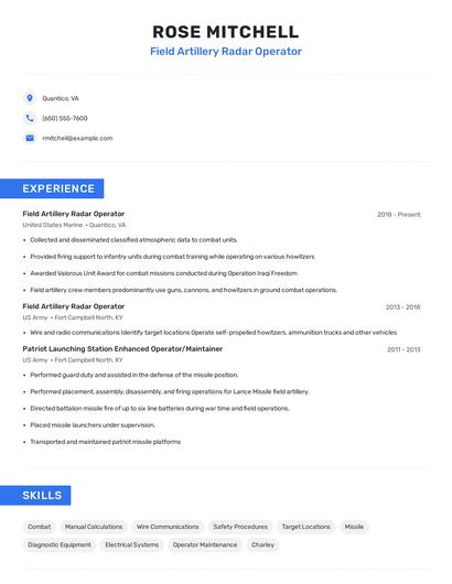Field Artillery Radar Operator Resume
