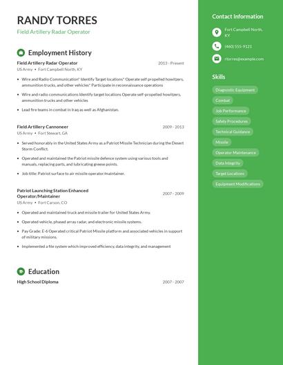 Field Artillery Radar Operator Resume