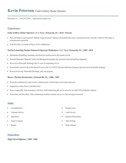 Field Artillery Radar Operator Resume
