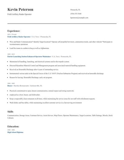 Field Artillery Radar Operator Resume
