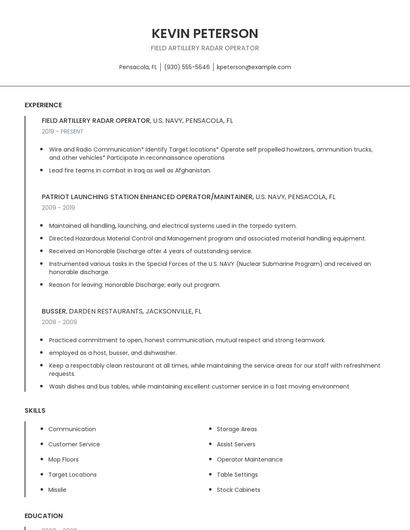 Field Artillery Radar Operator Resume