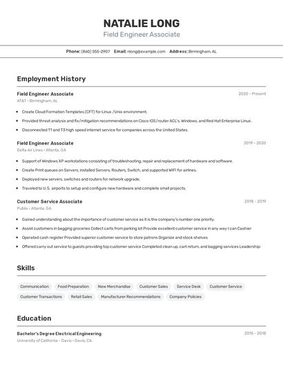 Field Engineer Associate Resume