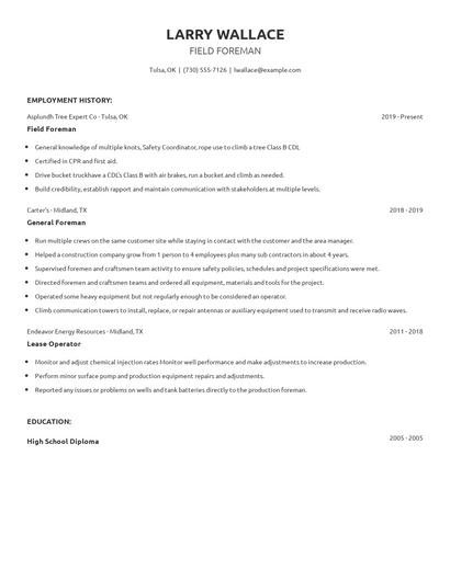 Field Foreman Resume