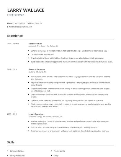 Field Foreman Resume