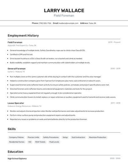 Field Foreman Resume