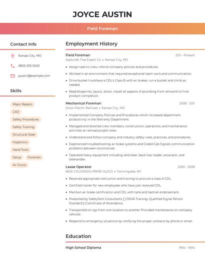 Field Foreman Resume