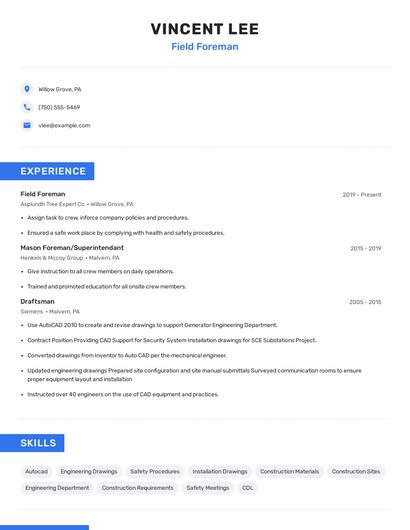 Field Foreman Resume