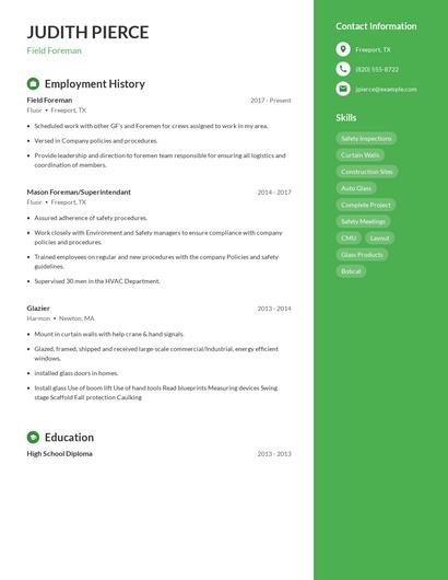 Field Foreman Resume