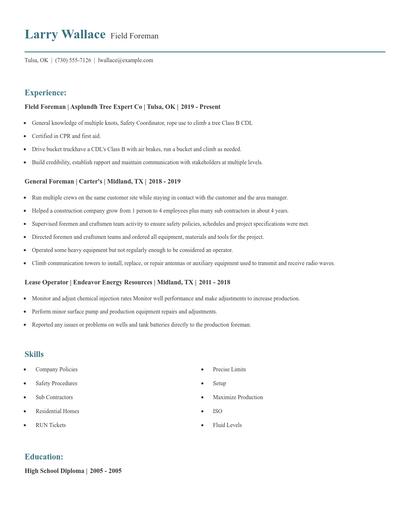 Field Foreman Resume