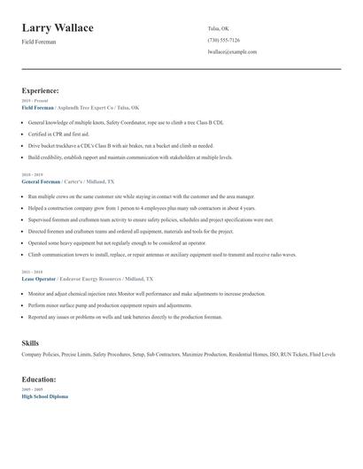 Field Foreman Resume
