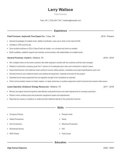 Field Foreman Resume