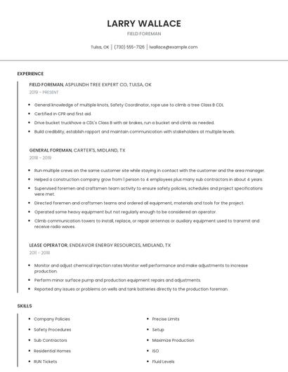 Field Foreman Resume