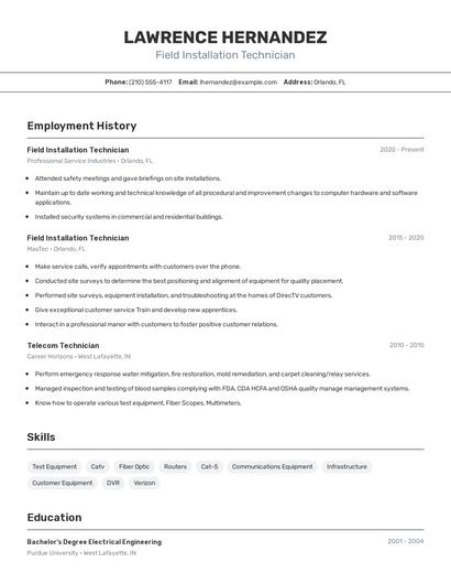Field Installation Technician Resume