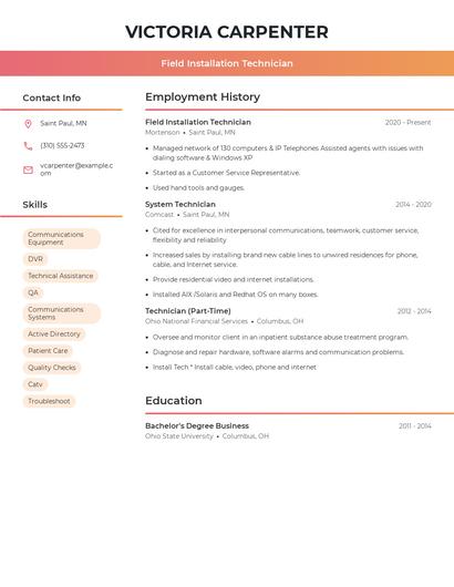 Field Installation Technician Resume