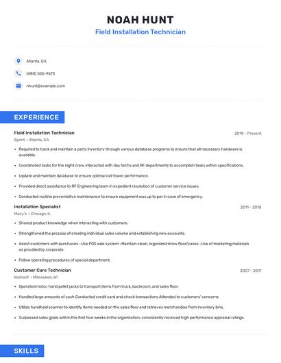 Field Installation Technician Resume