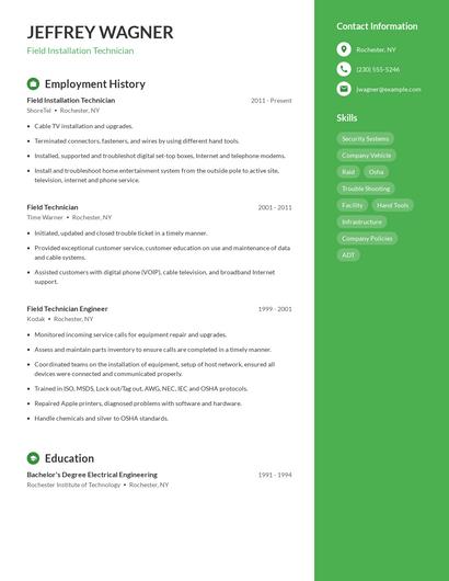 Field Installation Technician Resume