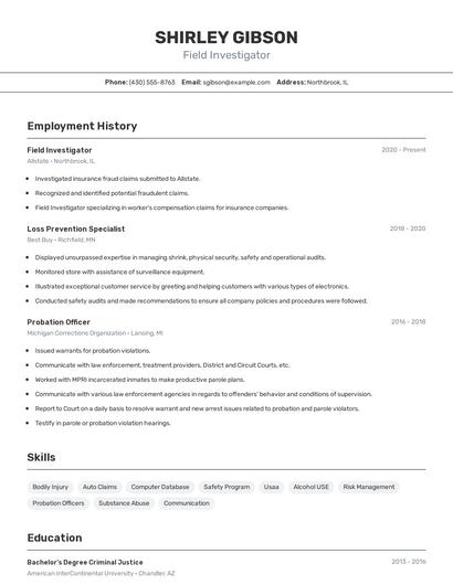 Field Investigator Resume