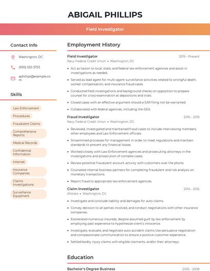 Field Investigator Resume