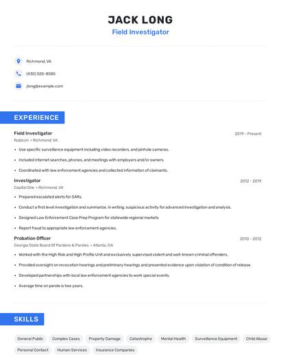 Field Investigator Resume