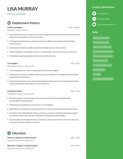 Field Investigator Resume