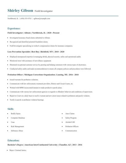 Field Investigator Resume